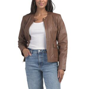 COLE HAAN HICKORY Leather Woven Detail Jacket